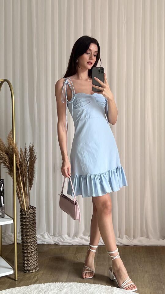 Askılı Fırfırlı Mini Boy A Kesim Elbise 2143 Mavi - M
