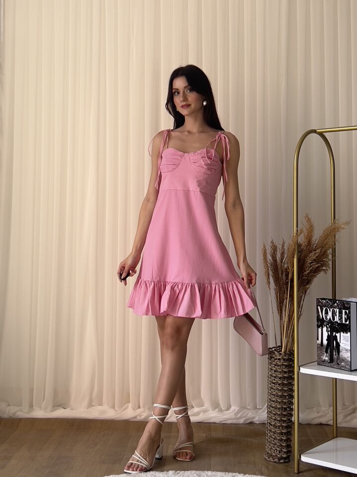Askılı Fırfırlı Mini Boy A Kesim Elbise 2143 Pembe - M