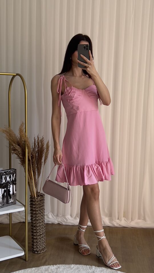 Askılı Fırfırlı Mini Boy A Kesim Elbise 2143 Pembe - M