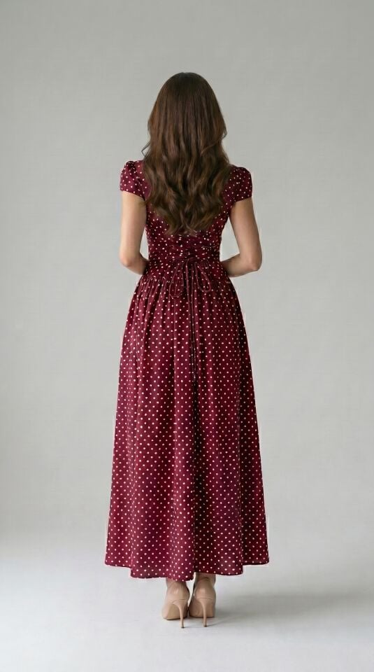 Puantiyeli Damla Yaka Maxi Elbise 6114 Bordo - XL