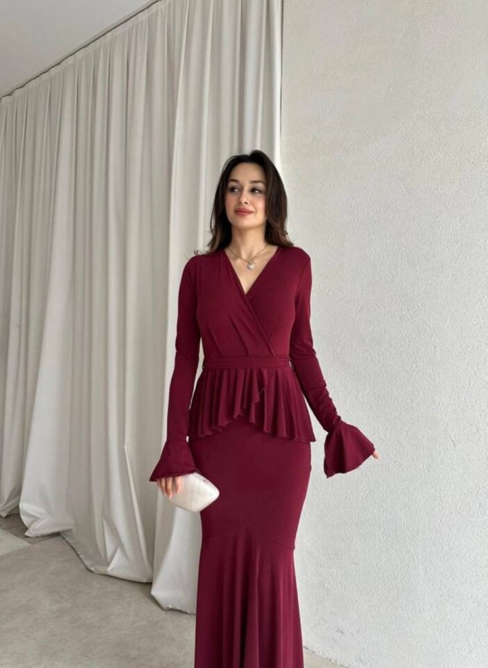 Kruvaze Yaka Volan Detaylı Uzun Elbise 6012 Bordo - XL