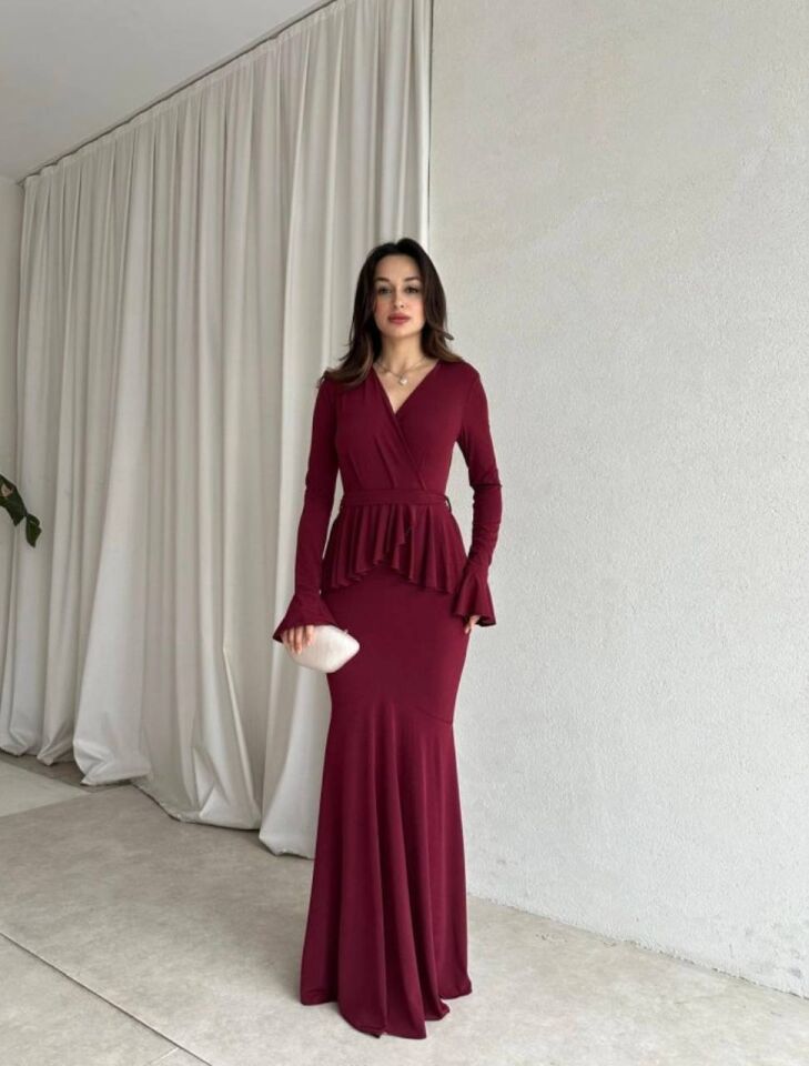 Kruvaze Yaka Volan Detaylı Uzun Elbise 6012 Bordo - XL