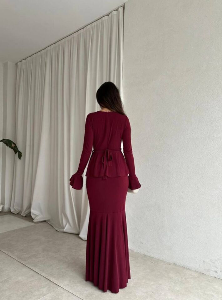 Kruvaze Yaka Volan Detaylı Uzun Elbise 6012 Bordo - XL