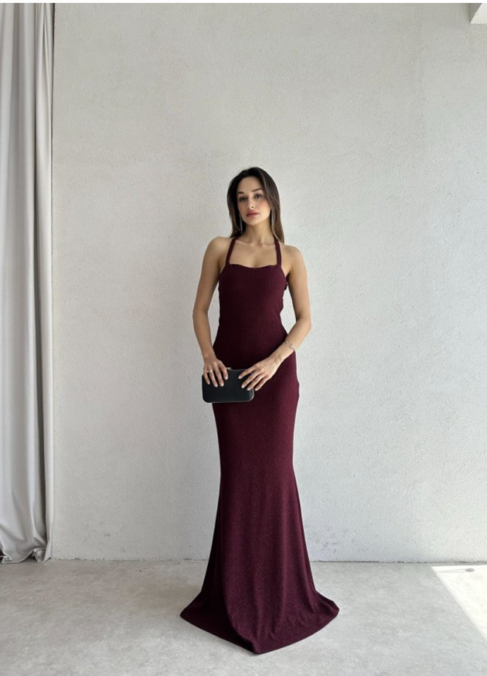 Simli Halter Yaka Balık Form Uzun Abiye Elbise Bordo - XL