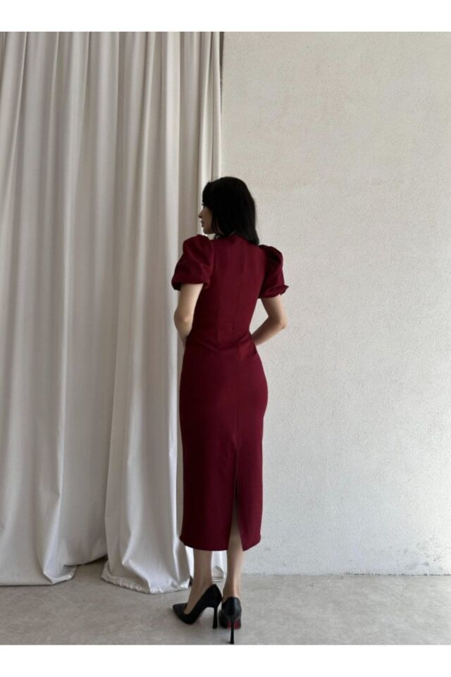 Bianca Yaka Detaylı Puff Kol Midi Elbise 5031 Bordo - S