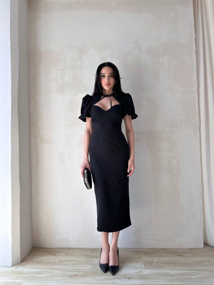 Bianca Yaka Detaylı Puff Kol Midi Elbise 5031 Siyah - M