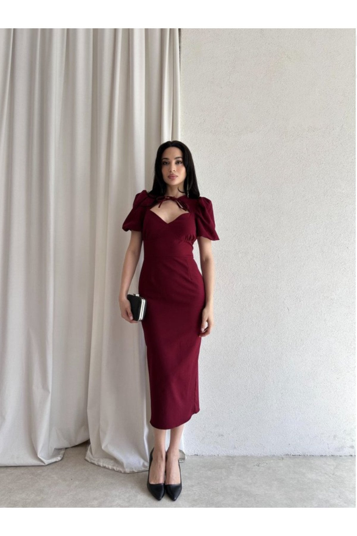 Bianca Yaka Detaylı Puff Kol Midi Elbise 5031 Bordo - XL
