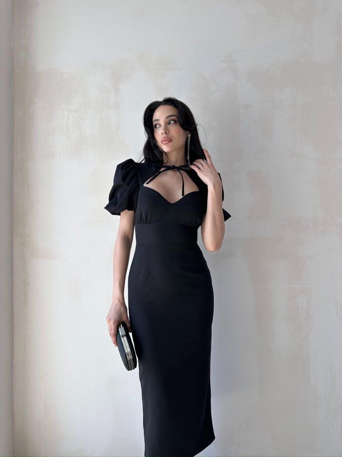 Bianca Yaka Detaylı Puff Kol Midi Elbise 5031 Siyah - XL