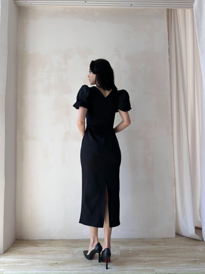 Bianca Yaka Detaylı Puff Kol Midi Elbise 5031 Siyah - XL
