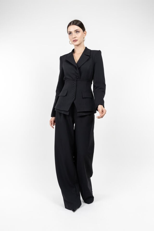 Kadın Kahverengi Kuşaklı Düğmeli Takım – Modern Oversize Ceket & Palazzo Pantolon