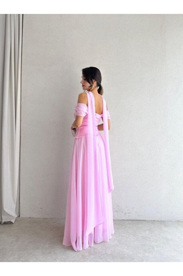 Kruvaze Yaka Drapeli Saten Abiye Elbise 5113 Pembe - S