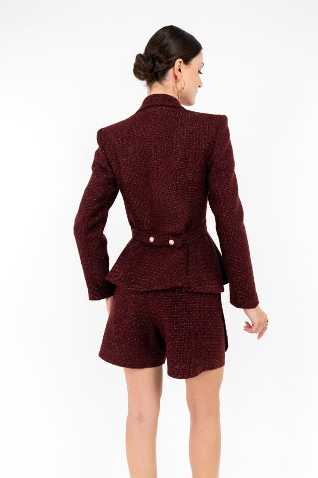 Kadın Siyah Kısa Etekli Blazer Takım – Simli Kumaşlı Çift Düğmeli Ceket & Mini Etek