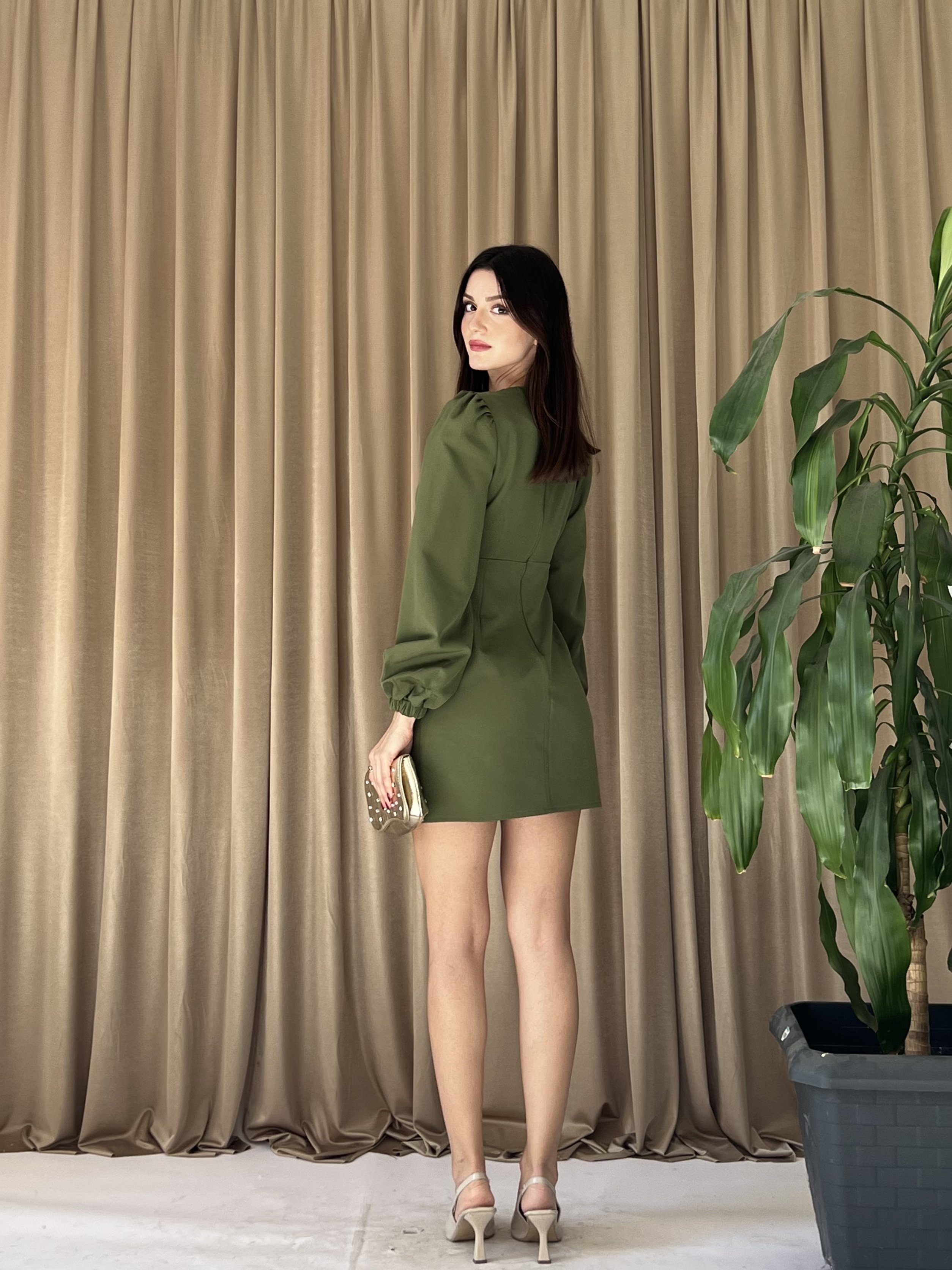 V Yaka Düğme Detaylı Uzun Kollu Mini Elbise 5129 Haki - XL
