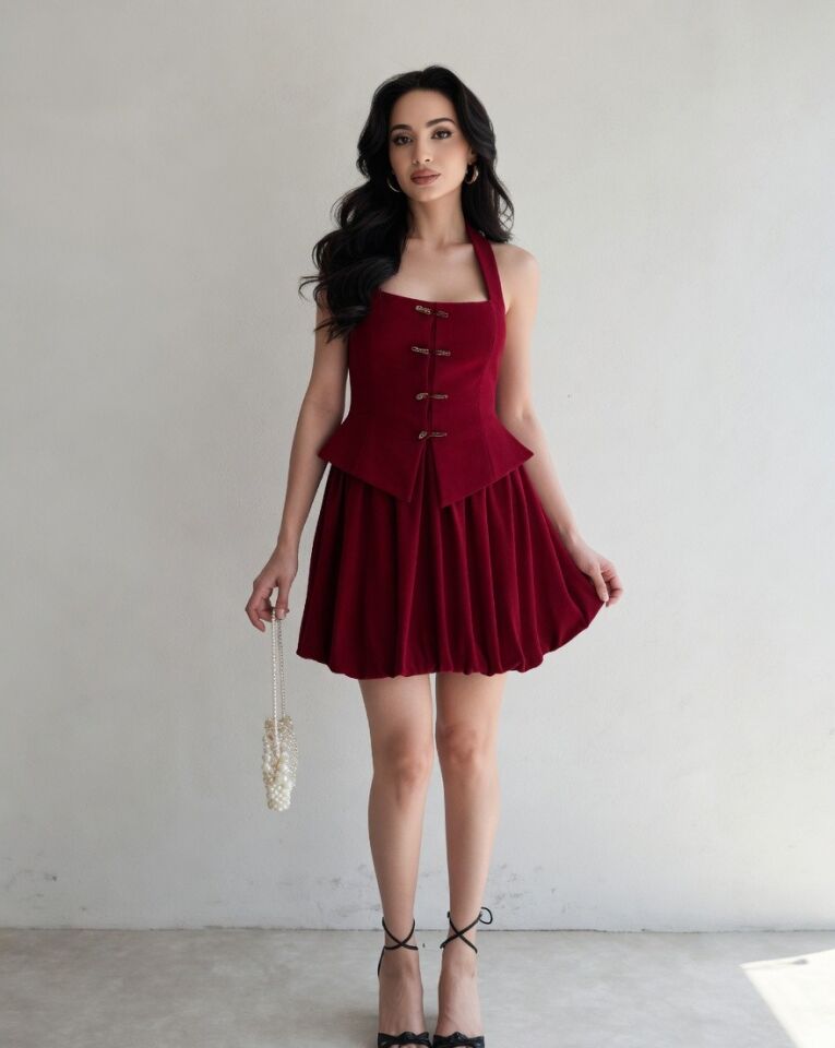 Halter Yaka Fiyonk Detaylı Mini Elbise 5073 Bordo - M