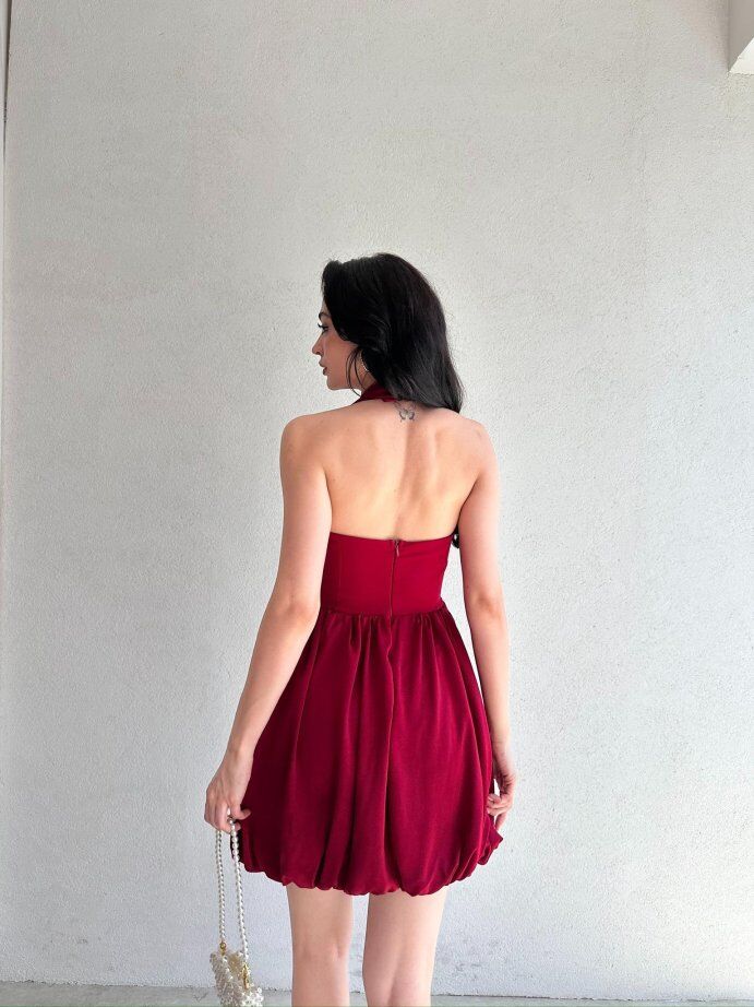 Halter Yaka Fiyonk Detaylı Mini Elbise 5073 Bordo - XL