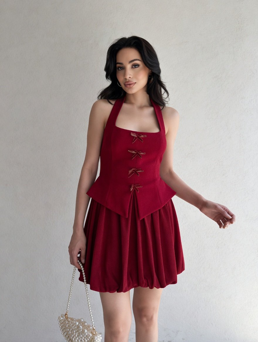 Halter Yaka Fiyonk Detaylı Mini Elbise 5073 Bordo - XL