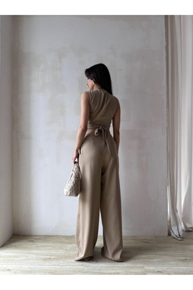 Kuşaklı Tokalı Crop Bluz ve Palazzo Pantolon Takım 5093