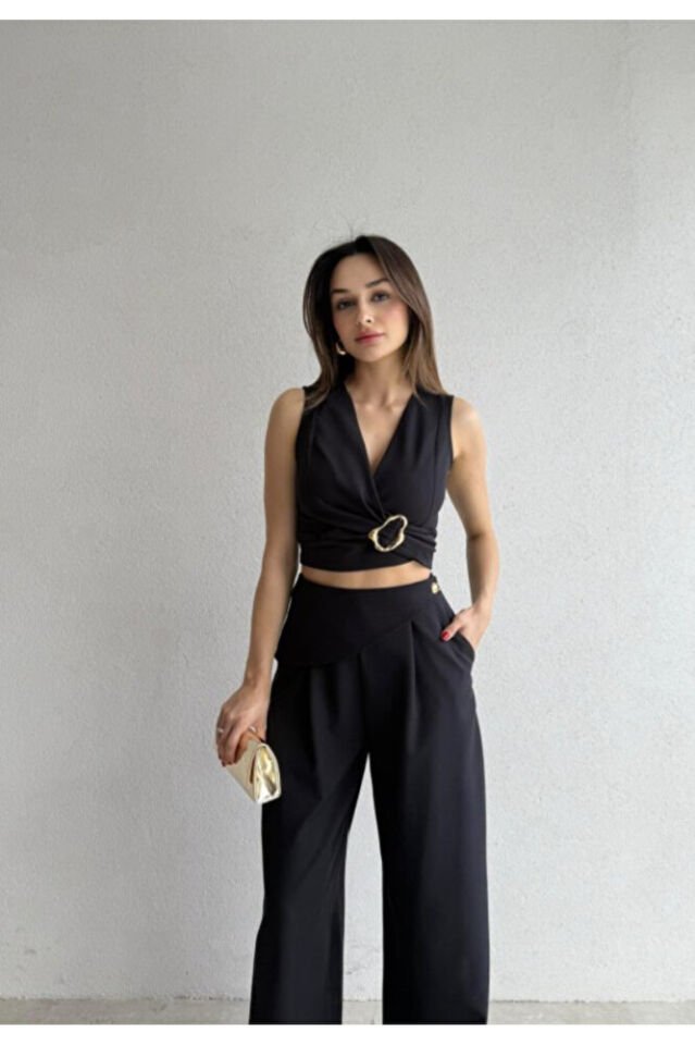 Kadın Kuşaklı Tokalı Crop Bluz ve Palazzo Pantolon Takım - Bordo | Mint | Siyah | Vizon