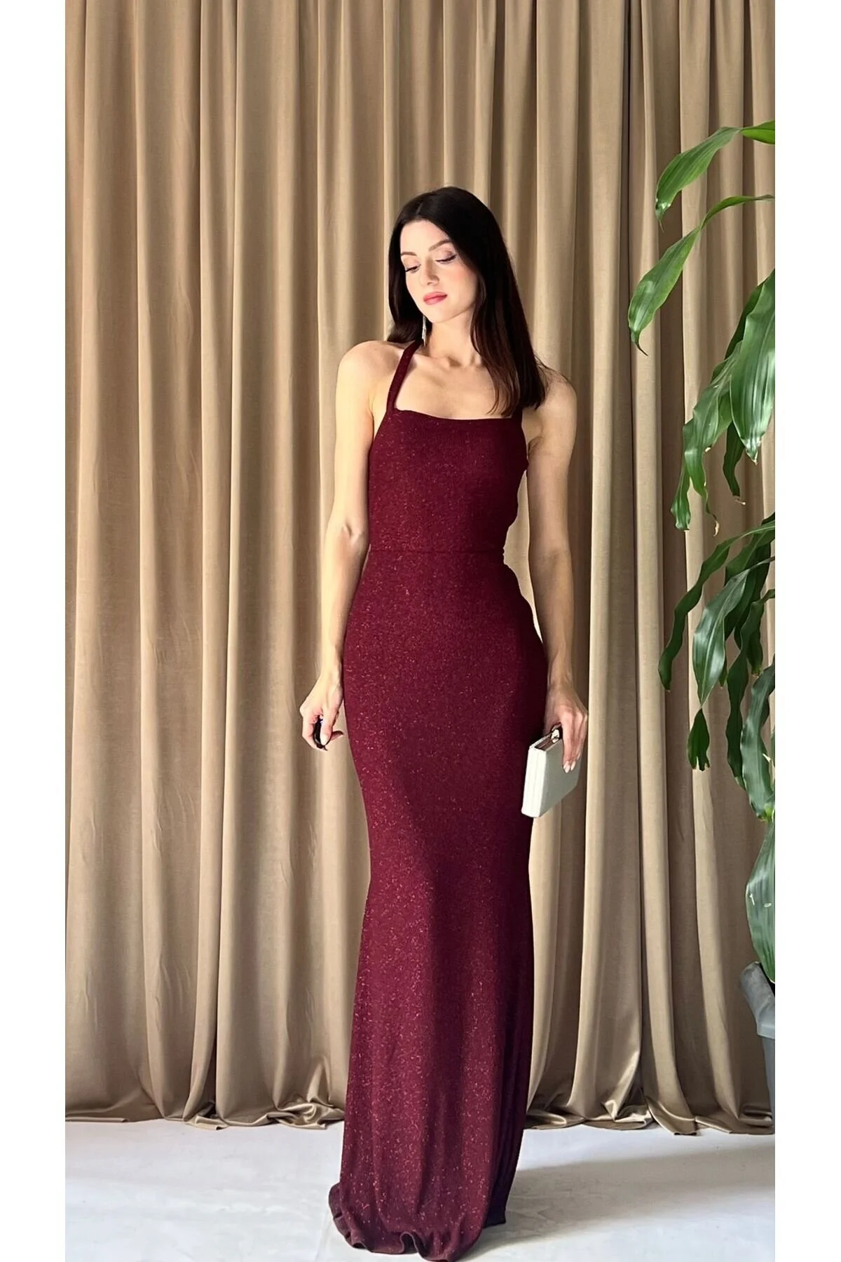 Halter Yaka Simli Uzun Abiye Elbise 5088 Bordo - S