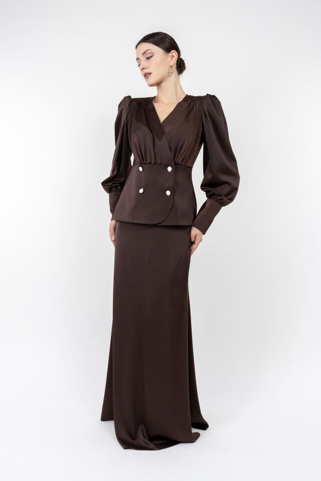 Kadın Saten Görünümlü Uzun Etek – Dökümlü ve Yüksek Bel Şık Tasarım