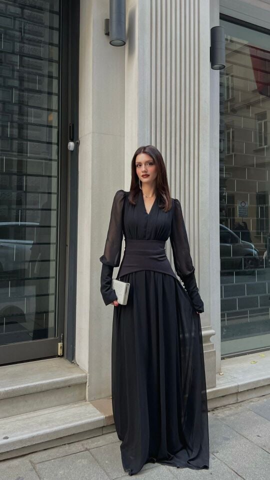 Kadın Siyah Uzun Şifon Abiye Elbise – Kuşak Detaylı V Yaka Zarif Model