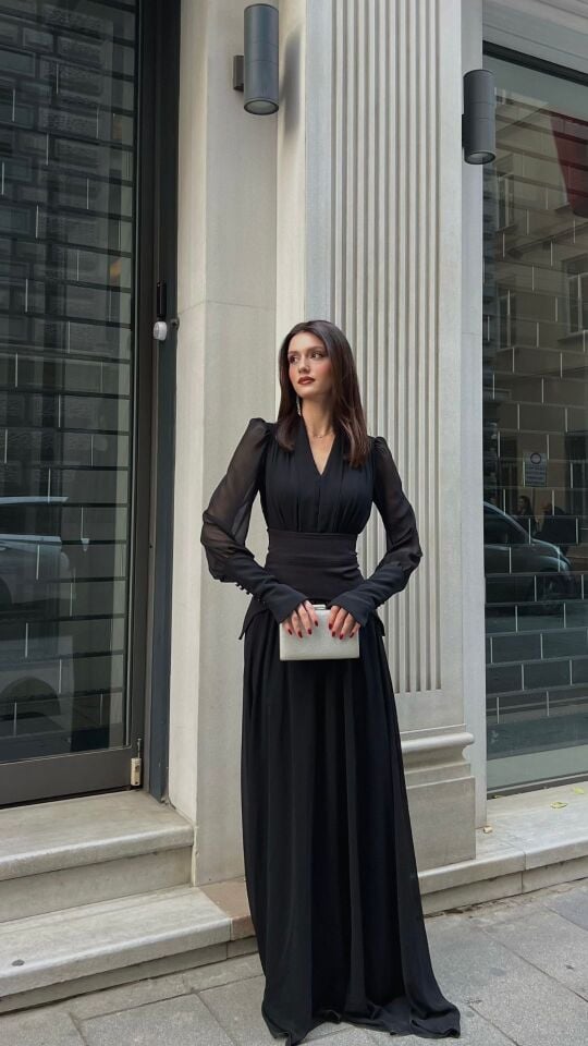 Kadın Siyah Uzun Şifon Abiye Elbise – Kuşak Detaylı V Yaka Zarif Model