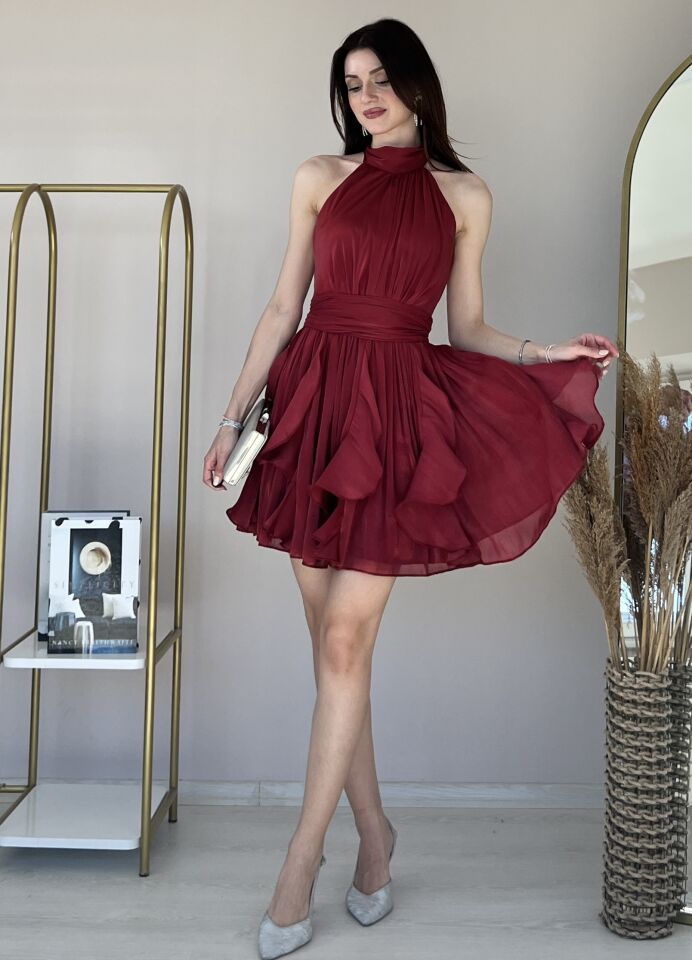 Kadın Boyundan Bağlamalı Kat Kat Şifon Mini Abiye Elbise 6072 Bordo - XL