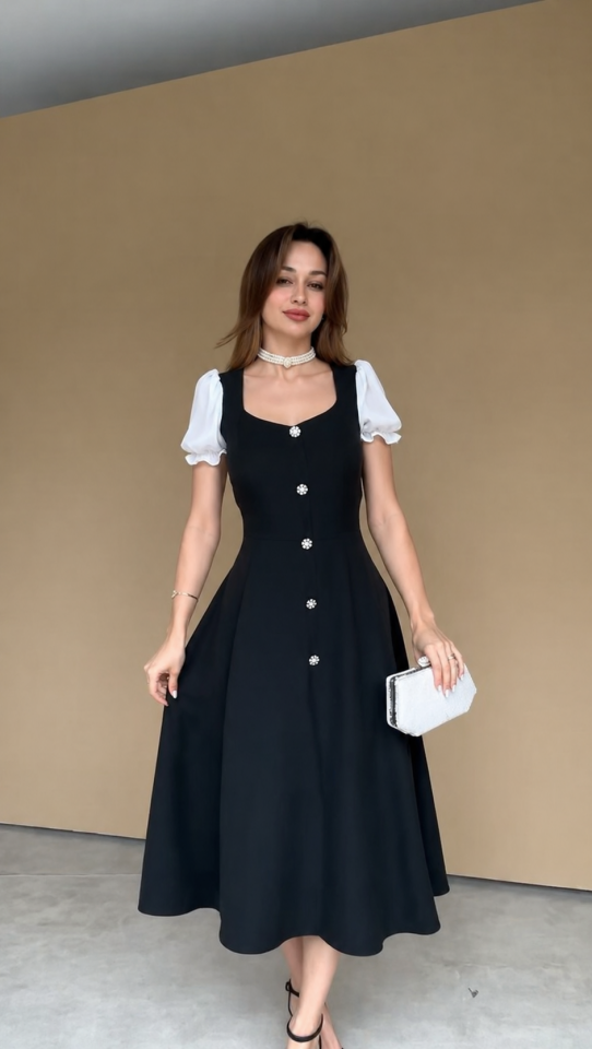 Kare Yaka Karpuz Kol Taş Düğmeli Midi Elbise 5001 Siyah - S