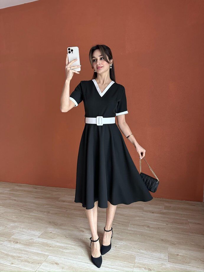 V Yaka Kontrast Şeritli Kemerli Midi Elbise 5002 Siyah - XL