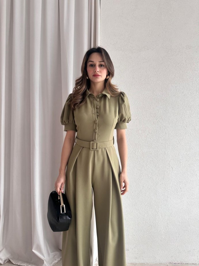 Gömlek Yaka Karpuz Kol Kemerli Geniş Paça Tulum 5004 Haki - M