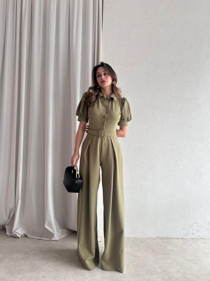 Gömlek Yaka Karpuz Kol Kemerli Geniş Paça Tulum 5004 Haki - XL