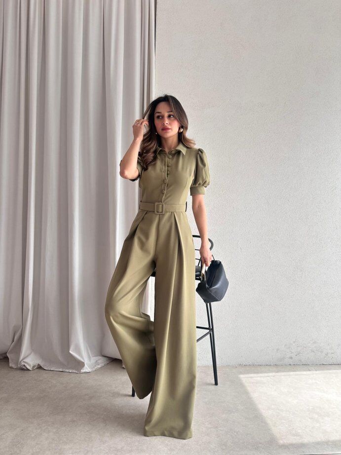 Gömlek Yaka Karpuz Kol Kemerli Geniş Paça Tulum 5004 Haki - XL