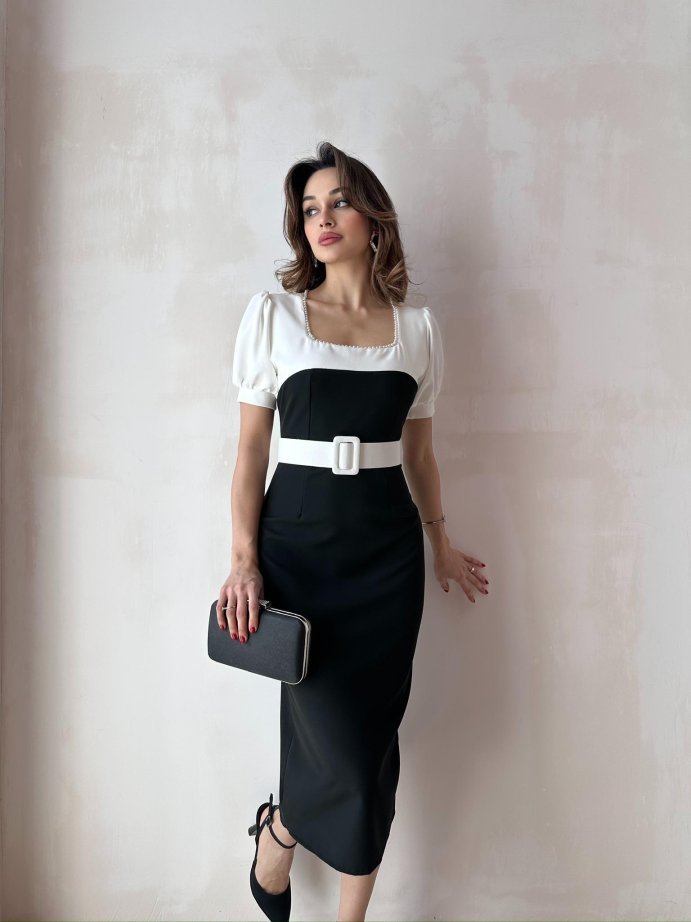 Kare Yaka İnci Detaylı Kemerli Kalem Elbise 5009 Siyah - XL