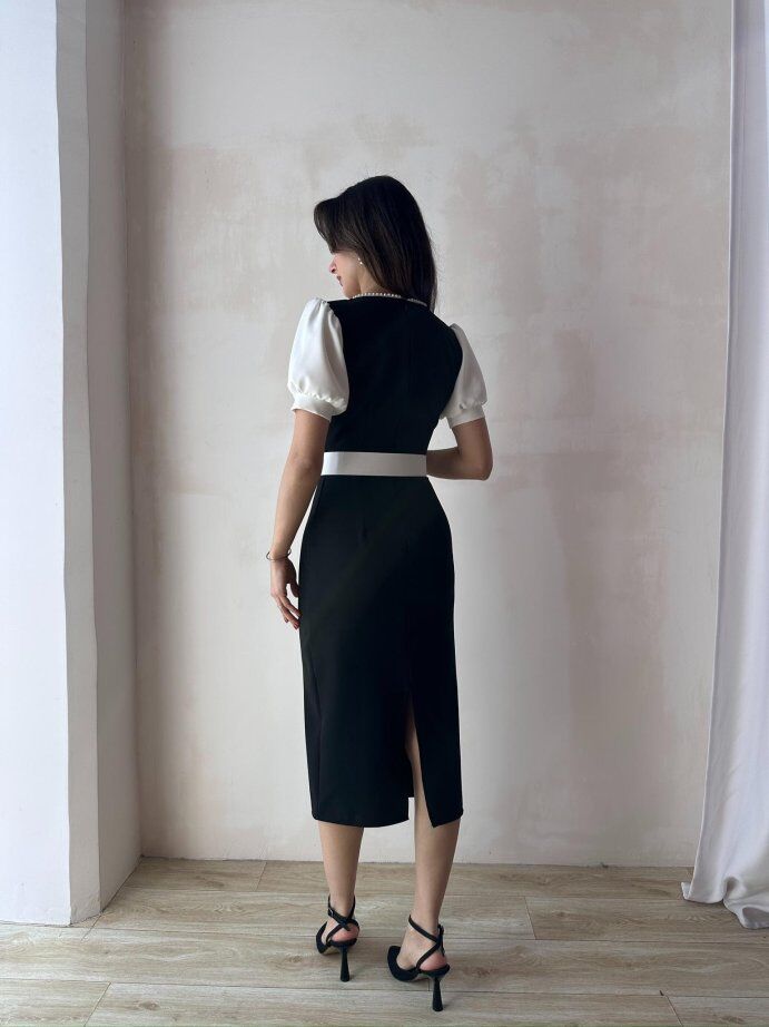 Kare Yaka İnci Detaylı Kemerli Kalem Elbise 5009 Siyah - XL