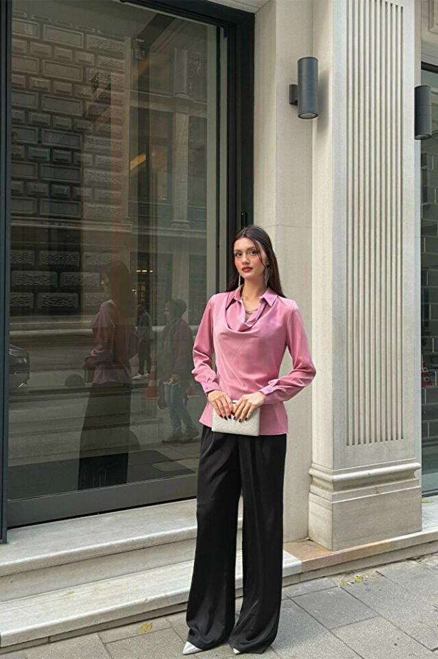 Kadın Degaje Yaka Saten Bluz – Uzun Kollu, Şık ve Zarif Tasarım