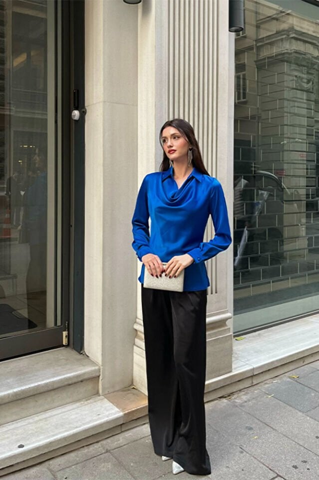 Kadın Degaje Yaka Saten Bluz – Uzun Kollu, Şık ve Zarif Tasarım