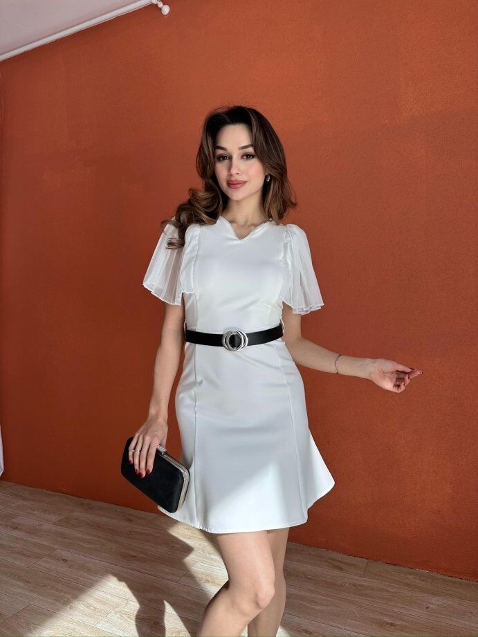 V Yaka Şifon Kol Detaylı Kemerli Mini Elbise 5006 Beyaz - L