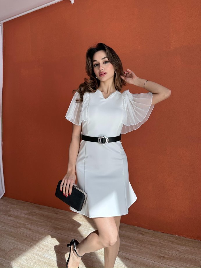 V Yaka Şifon Kol Detaylı Kemerli Mini Elbise 5006 Beyaz - XL