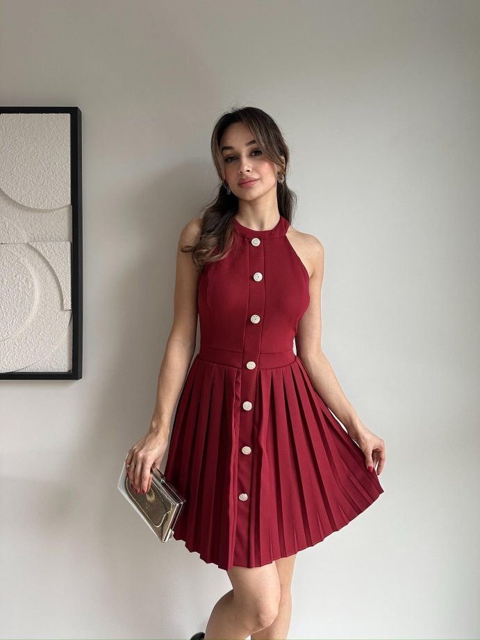 Halter Yaka Pliseli Düğme Detaylı Mini Elbise 5008
