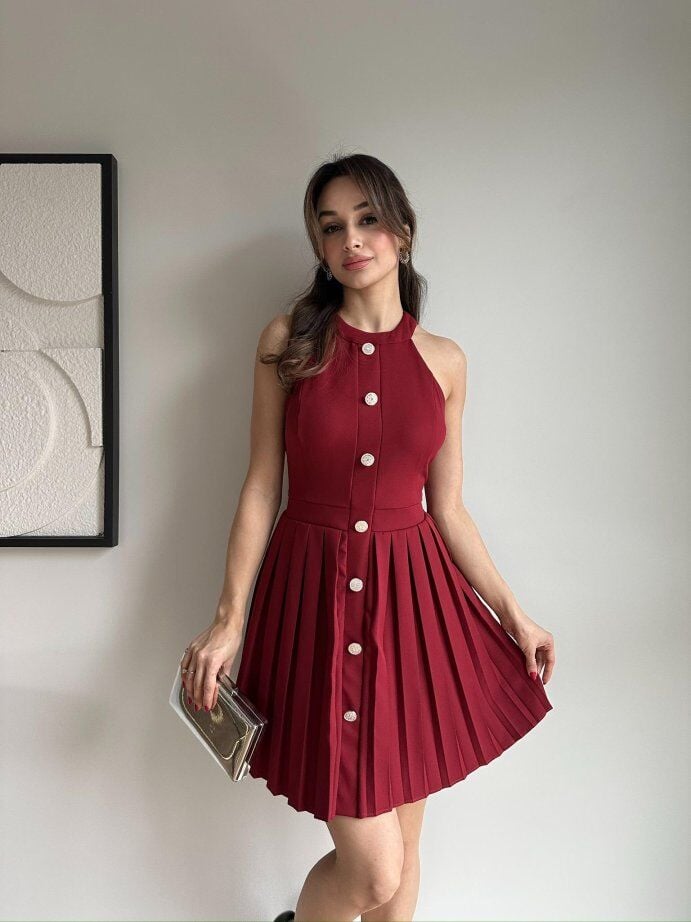 Halter Yaka Pliseli Düğme Detaylı Mini Elbise 5008
