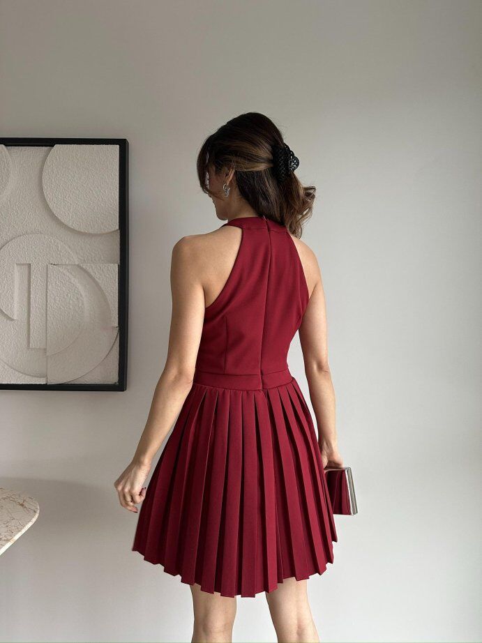 Halter Yaka Pliseli Düğme Detaylı Mini Elbise 5008