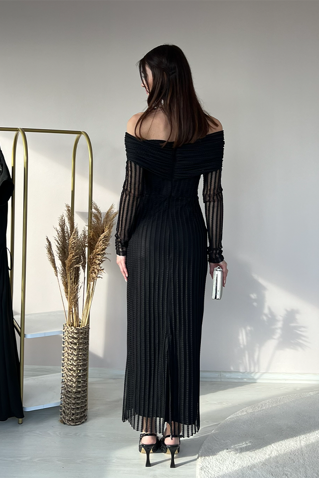 Kadın Kayık Yaka Pileli Uzun Elbise – Transparan Kollu, Şık ve Davetlik Tasarım