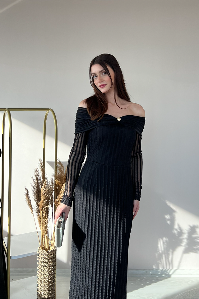 Kadın Kayık Yaka Pileli Uzun Elbise – Transparan Kollu, Şık ve Davetlik Tasarım