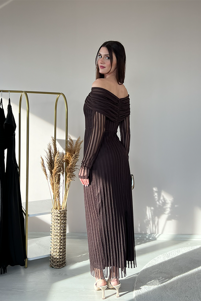 Kadın Kayık Yaka Pileli Uzun Elbise – Transparan Kollu, Şık ve Davetlik Tasarım