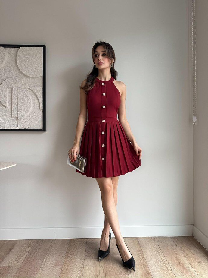 Halter Yaka Pliseli Düğme Detaylı Mini Elbise 5008 Bordo - S