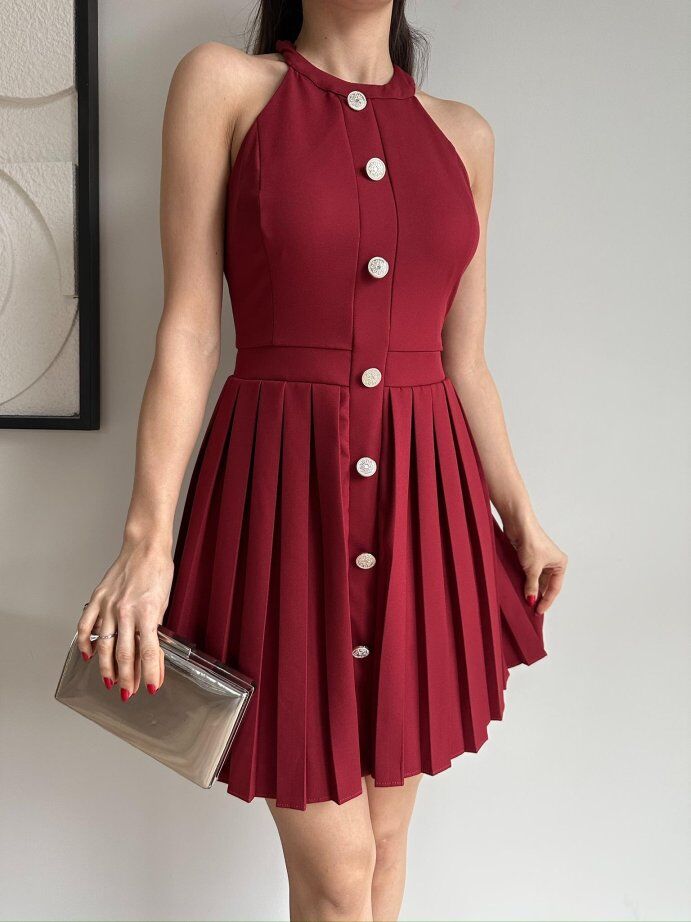 Halter Yaka Pliseli Düğme Detaylı Mini Elbise 5008 Bordo - S