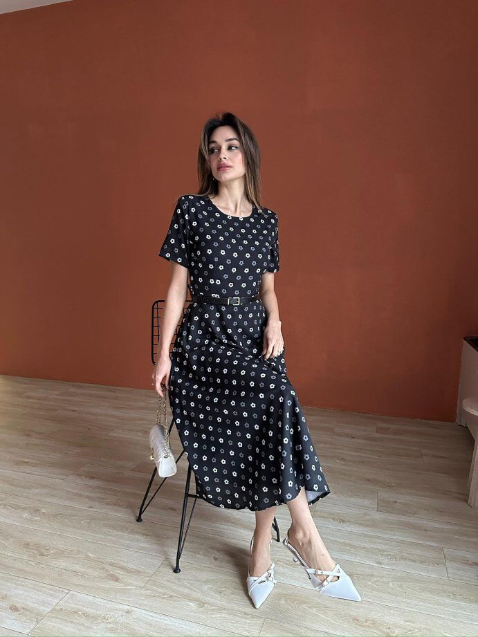 Bisiklet Yaka Çiçek Desenli Kemerli Midi Elbise 5011