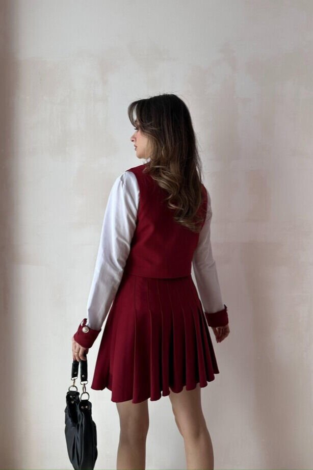 V Yaka Düğme Detaylı Gömlek, Yelek ve Pliseli Etek Takım 5012 Bordo - XL