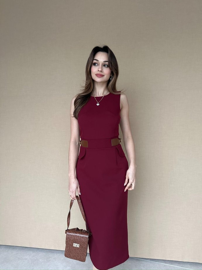 Bisiklet Yaka Deri Garnili Kalem Elbise 5014 Bordo - S