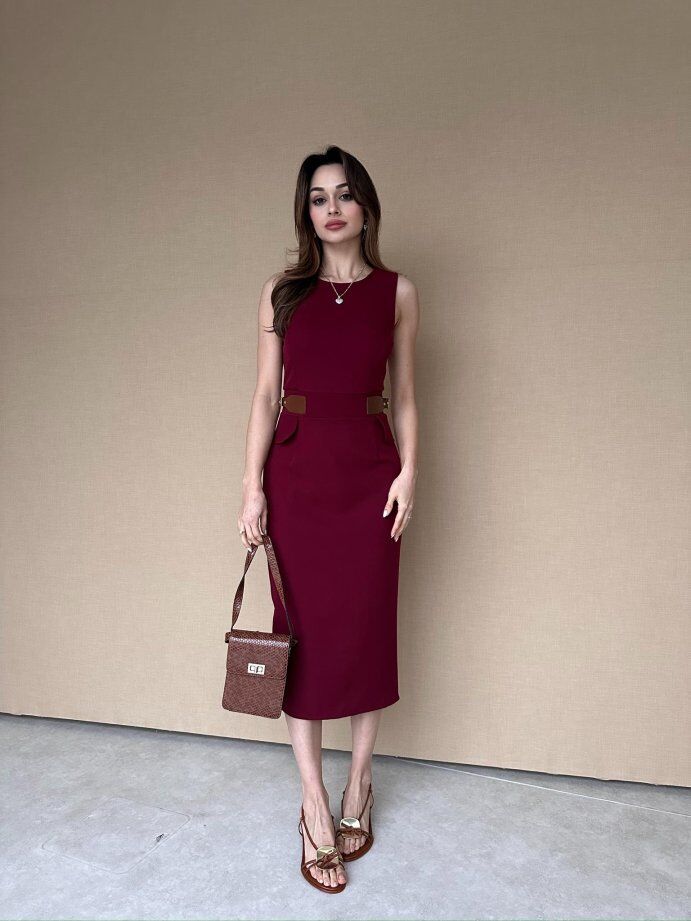 Bisiklet Yaka Deri Garnili Kalem Elbise 5014 Bordo - S